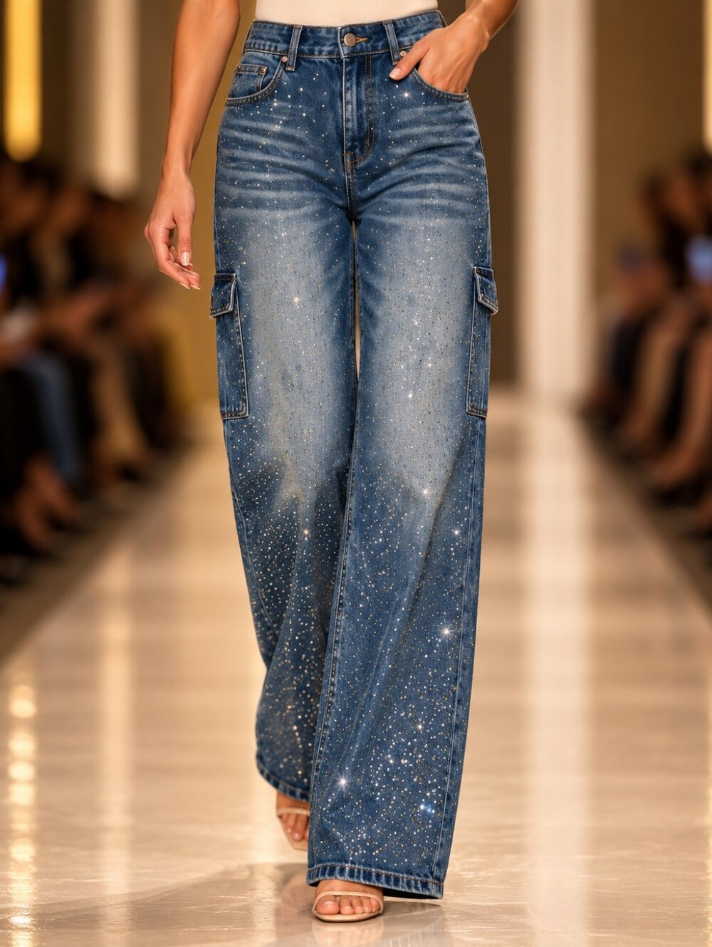 Sparky Women's Wide Leg Cargo Jeans With Rhinestone Embellishments Size XL